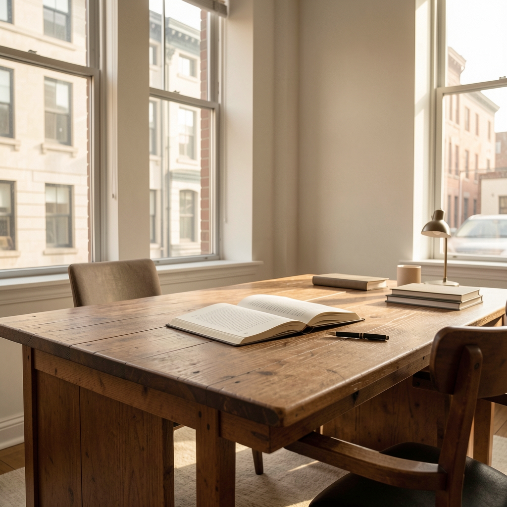 A bright editorial workspace with a notebook open on a wooden desk, a cup of herbal tea, and natural light streaming through tall windows