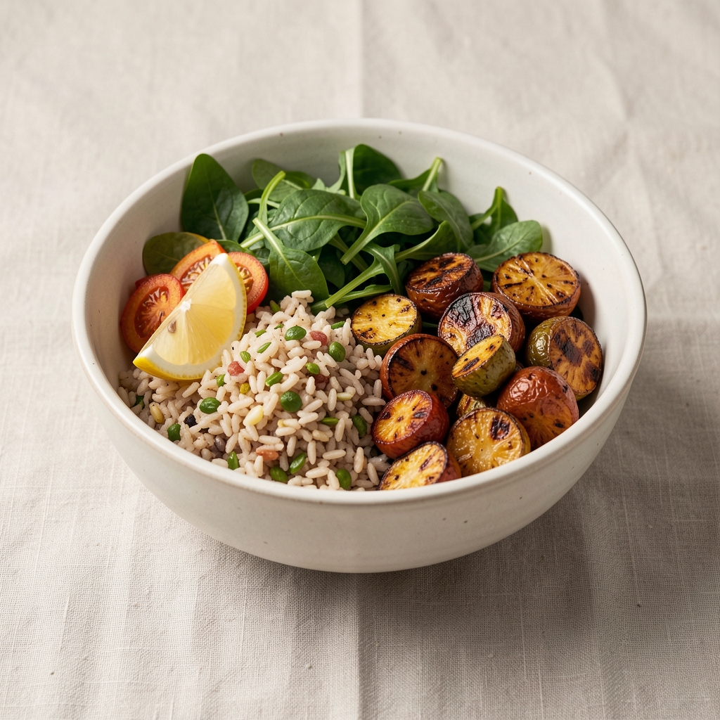 Freshly assembled colourful balanced meal bowl with grains, leafy greens, roasted vegetables and a lemon wedge on a pale linen surface