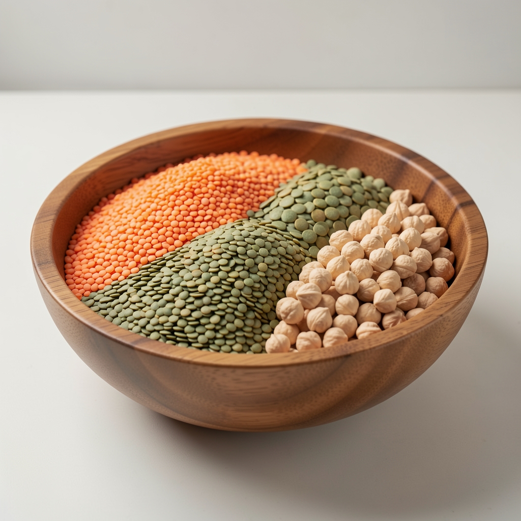 A wide wooden bowl filled with various dried legumes including red lentils, green lentils, and chickpeas arranged in a clean workspace with soft overhead lighting